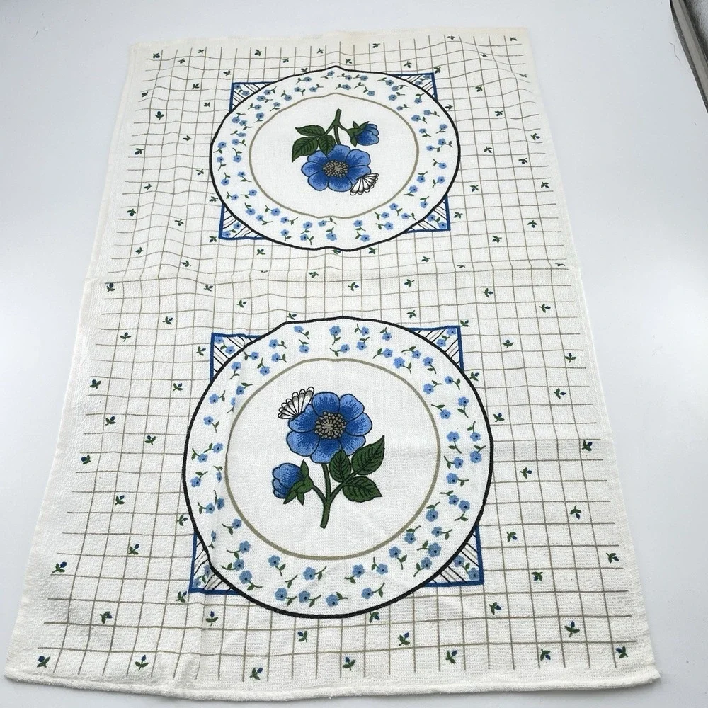 Mid Century Cotton Kitchen Towels White Royal Blue Floral x3 Kmart Vintage Tags